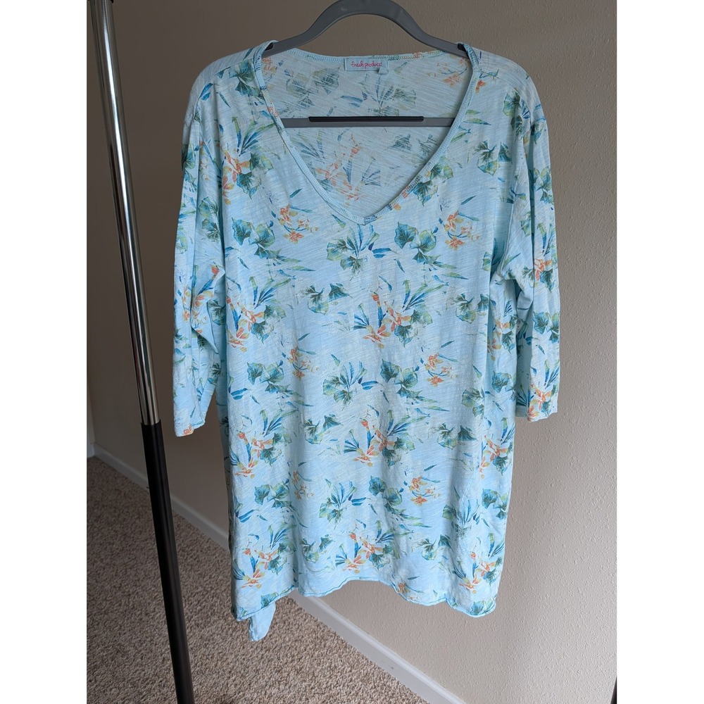 Fresh Produce Womens XL Blue Floral Tropical V-Neck 3/4 Sleeve Tunic Top USA